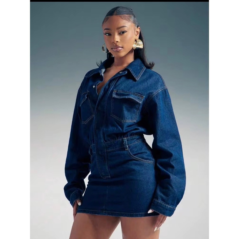 Womens Dark Wash Denim Mini Dress Long Sleeve Snap Front Utility Utility L